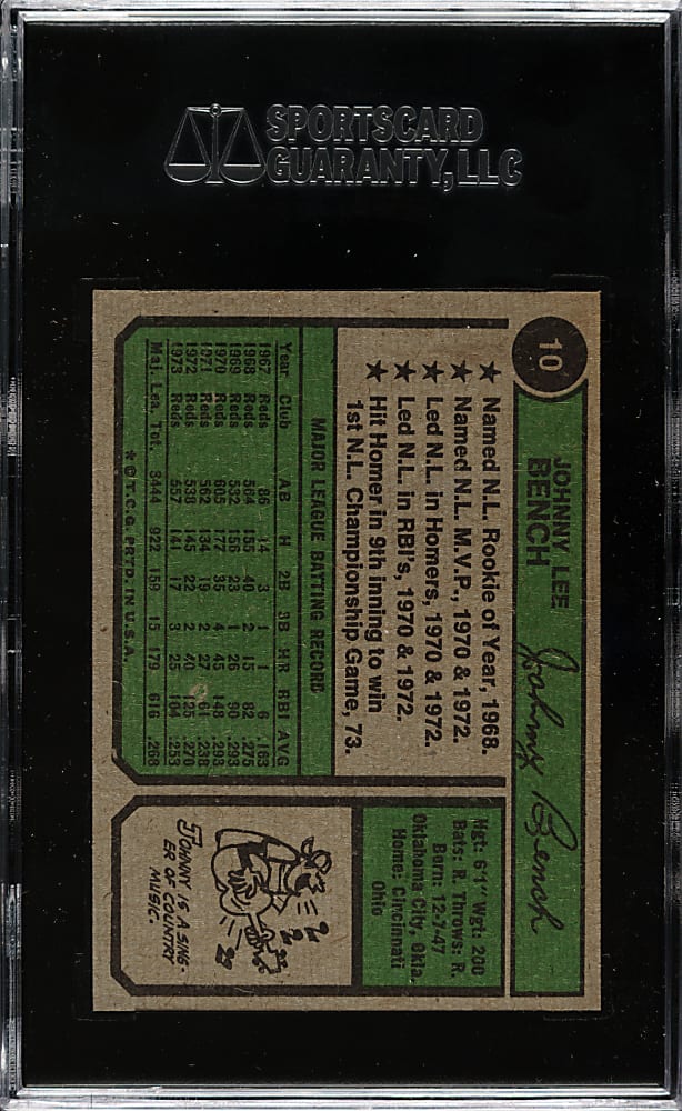 1974 Topps #10 Johnny Bench SGC MINT 96