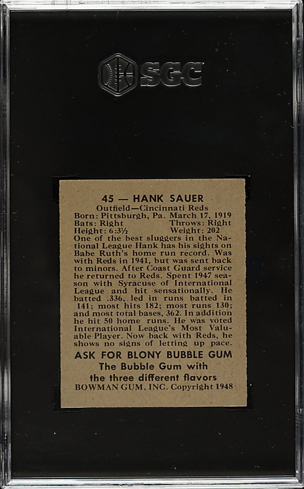 1948 Bowman #45 Hank Sauer Rookie SGC NM 7