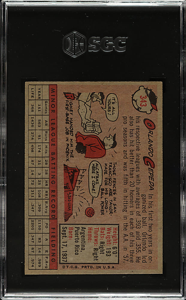 1958 Topps #343 Orlando Cepeda Rookie SGC EX/NM+ 6.5
