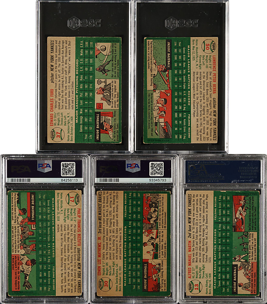 1954 Topps Hall of Fame and Star PSA- and SGC-Graded Collection (5) Including Yogi Berra, Whitey Ford, and Phil Rizzuto