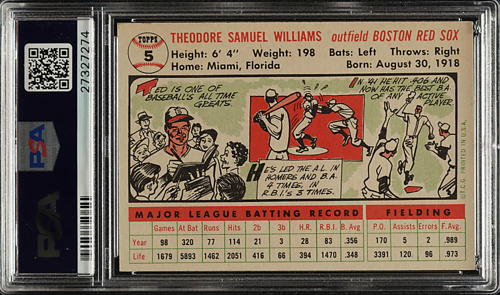 1956 Topps #5 Ted Williams White Back PSA MINT 9