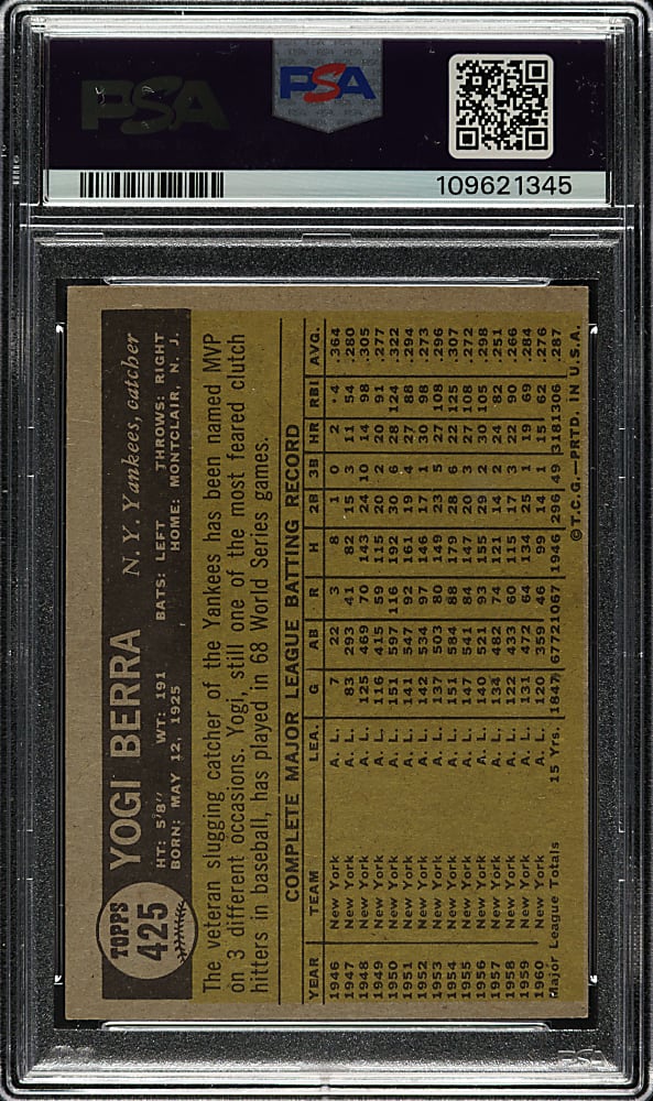 Signed 1961 Topps #425 Yogi Berra PSA EX 5 with GEM MINT 10 Signature
