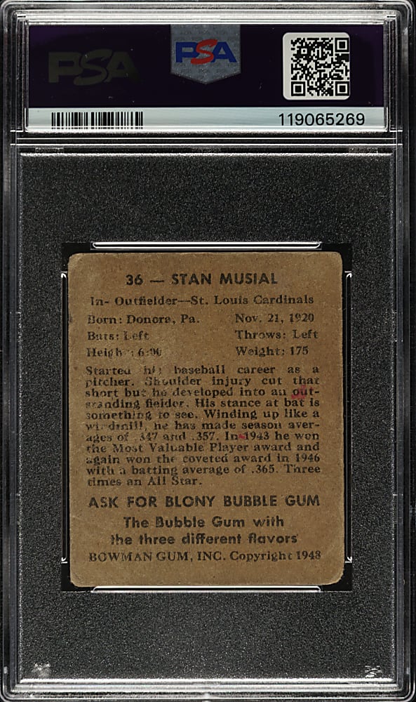 Signed 1948 Bowman #36 Stan Musial Rookie PSA/DNA GEM MINT 10