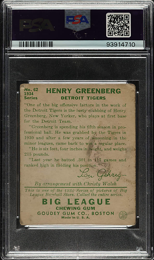1934 R320 Goudey #62 Hank Greenberg PSA GOOD 2