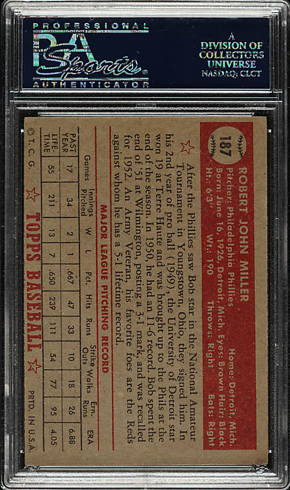 1952 Topps #187 Bob Miller PSA EX 5 (MC) - "Canadian" Gray Back