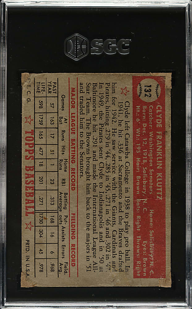 1952 Topps #132 Clyde Kluttz SGC Authentic - "Canadian" Gray Back