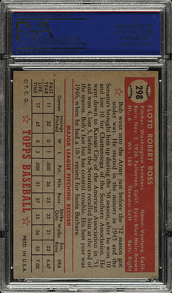 1952 Topps #298 Bob Ross PSA MINT 9