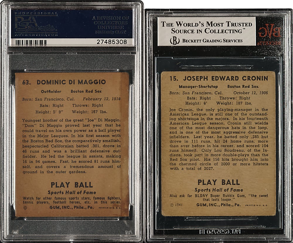 1941 R336 Play Ball #15 Joe Cronin and #63 Dom DiMaggio PSA- and BVG-Graded Pair
