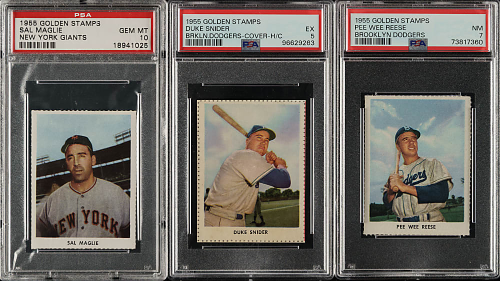 1955 Golden Stamps Brooklyn Dodgers and New York Giants PSA-Graded Trio: Duke Snider, Pee Wee Reese and Sal Maglie