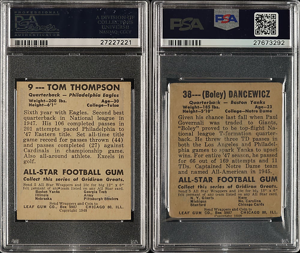 1948 Leaf Football #9 Tommy Thompson and #38 Frank Dancewicz PSA-Graded Pair