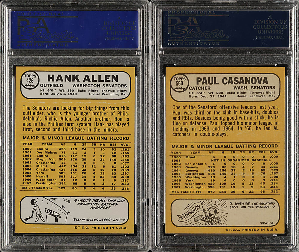 1966 Topps #426 Hank Allen and 560 Paul Casanova PSA MINT 9 Pair