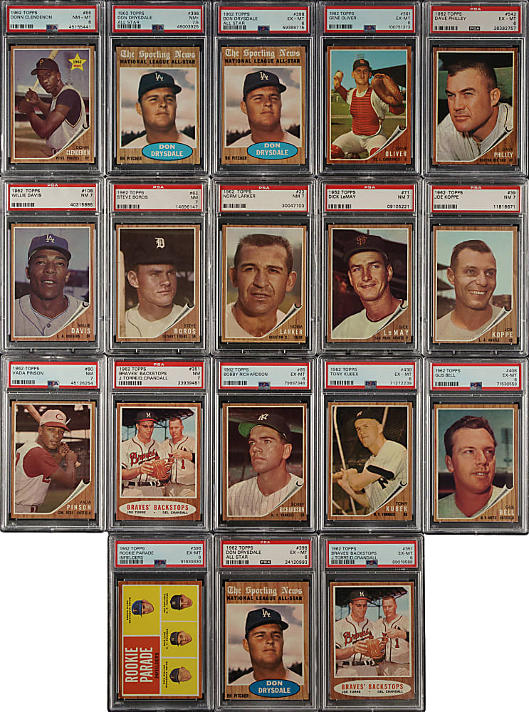 1962 Topps PSA-Graded Collection (22) Including Don Drysdale, Casey Stengel, and, Bill Mazeroski