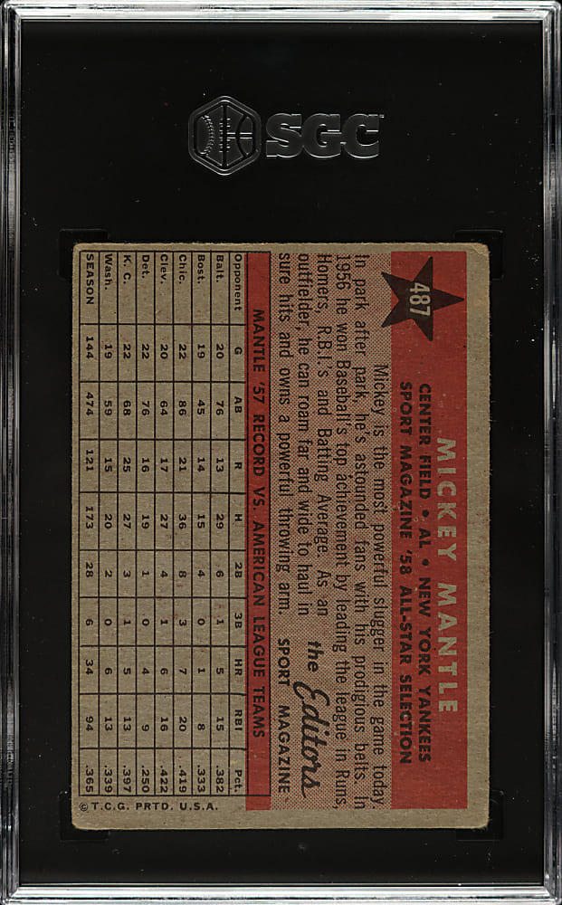 1958 Topps #487 Mickey Mantle All-Star SGC VG 3