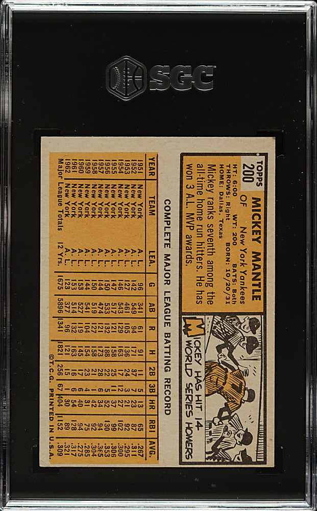 1963 Topps #200 Mickey Mantle SGC Authentic