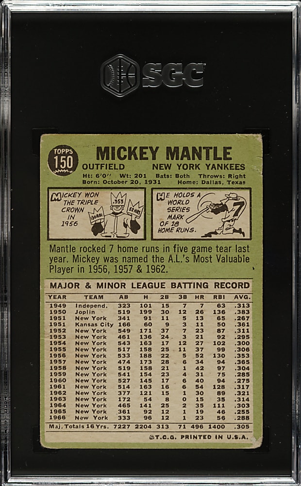 1967 Topps #150 Mickey Mantle SGC GOOD 2