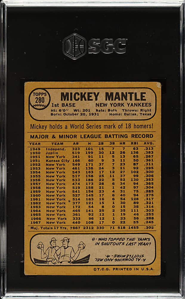 1968 Topps #280 Mickey Mantle SGC FAIR 1.5