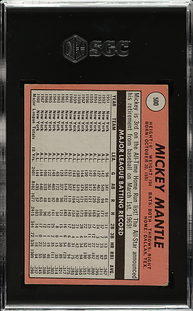 1969 Topps #500 Mickey Mantle SGC VG 3