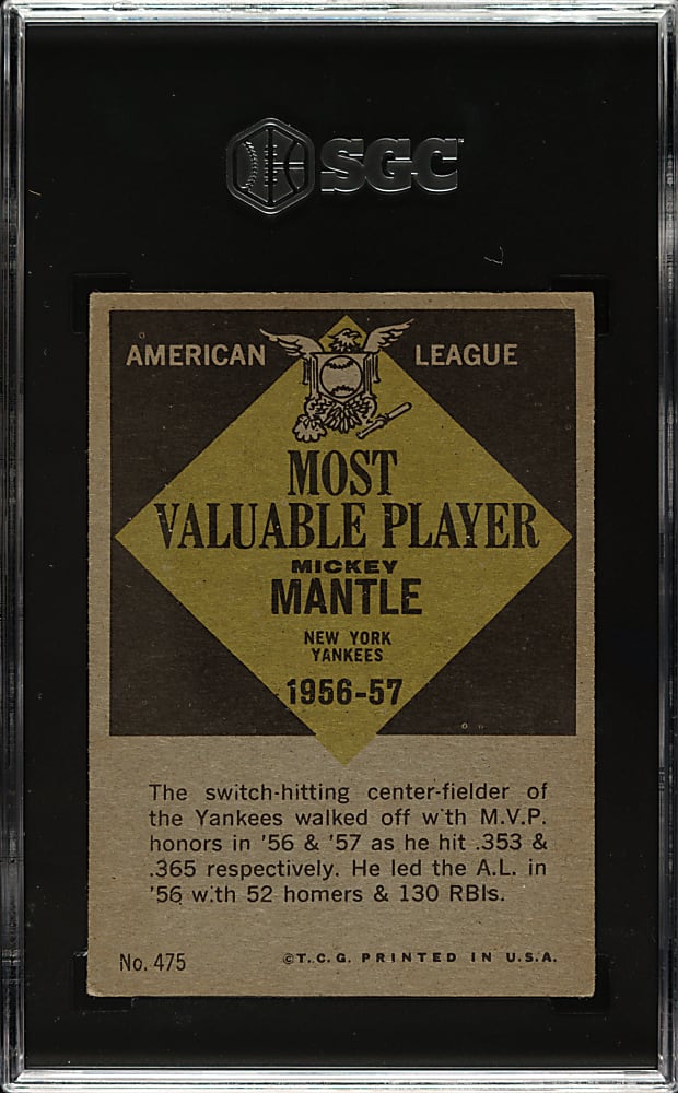 1961 Topps #475 Mickey Mantle MVP SGC VG 3