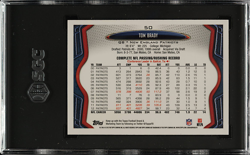 2013 Topps Chrome Football #50 Tom Brady SGC GEM MINT 10