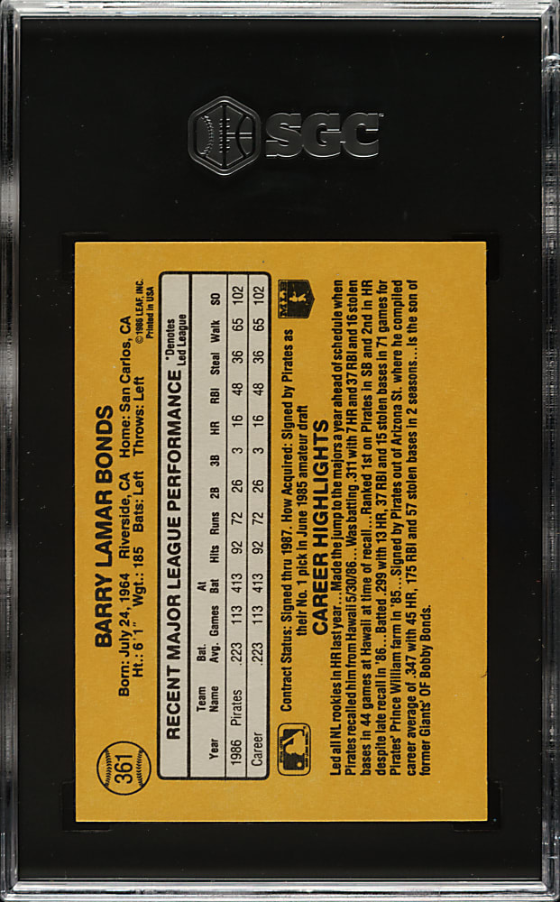 1987 Donruss #361 Barry Bonds Rookie SGC GEM MINT 10