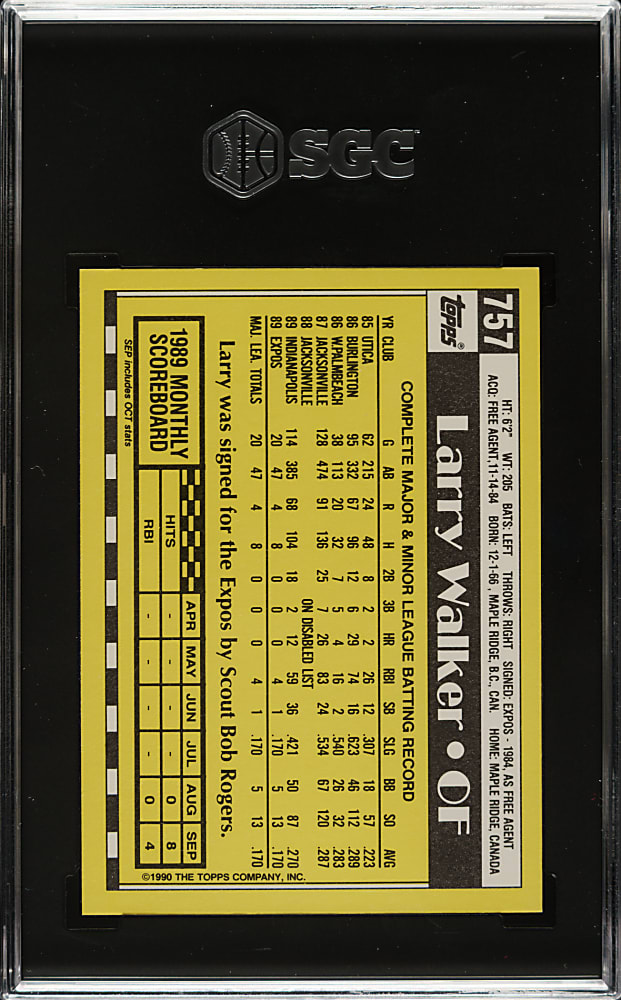 1990 Topps Tiffany #757 Larry Walker Rookie SGC GEM MINT 10