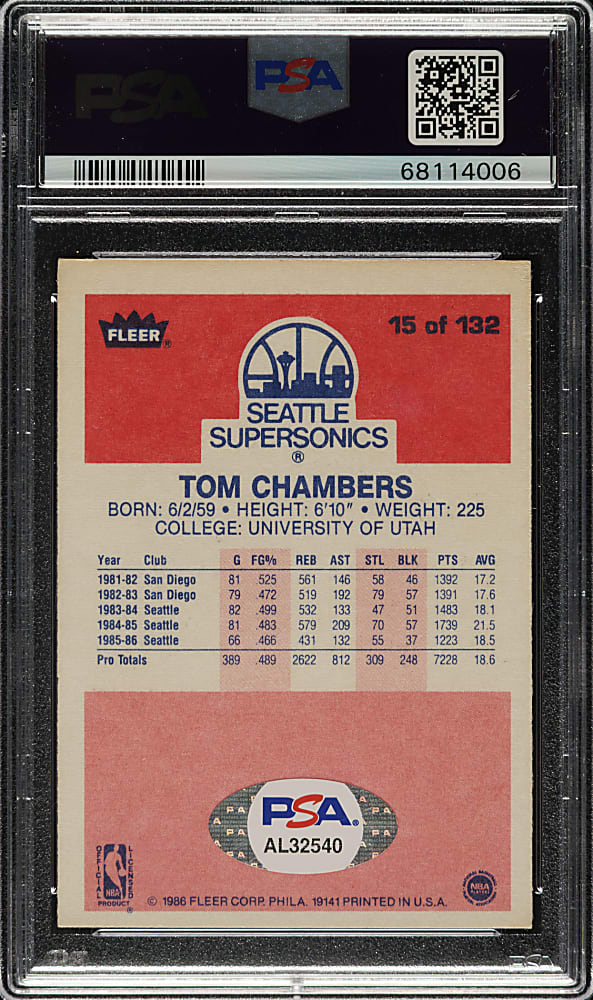 Signed 1986-1987 Fleer Basketball #15 Tom Chambers Rookie PSA/DNA GEM MINT 10