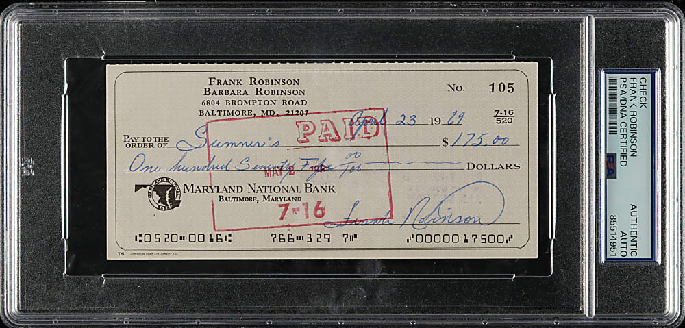 1969 Frank Robinson Signed Check - PSA/DNA
