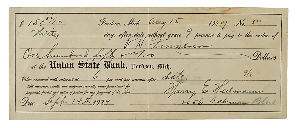 1929 Harry Heilmann Signed Promissory Note - JSA