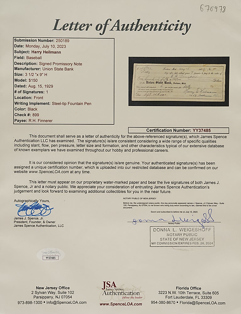 1929 Harry Heilmann Signed Promissory Note - JSA