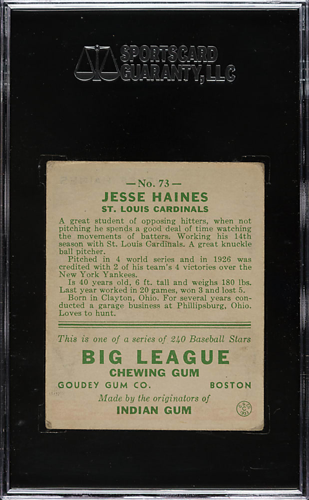 1933 R319 Goudey #73 Jesse Haines SGC VG/EX+ 55