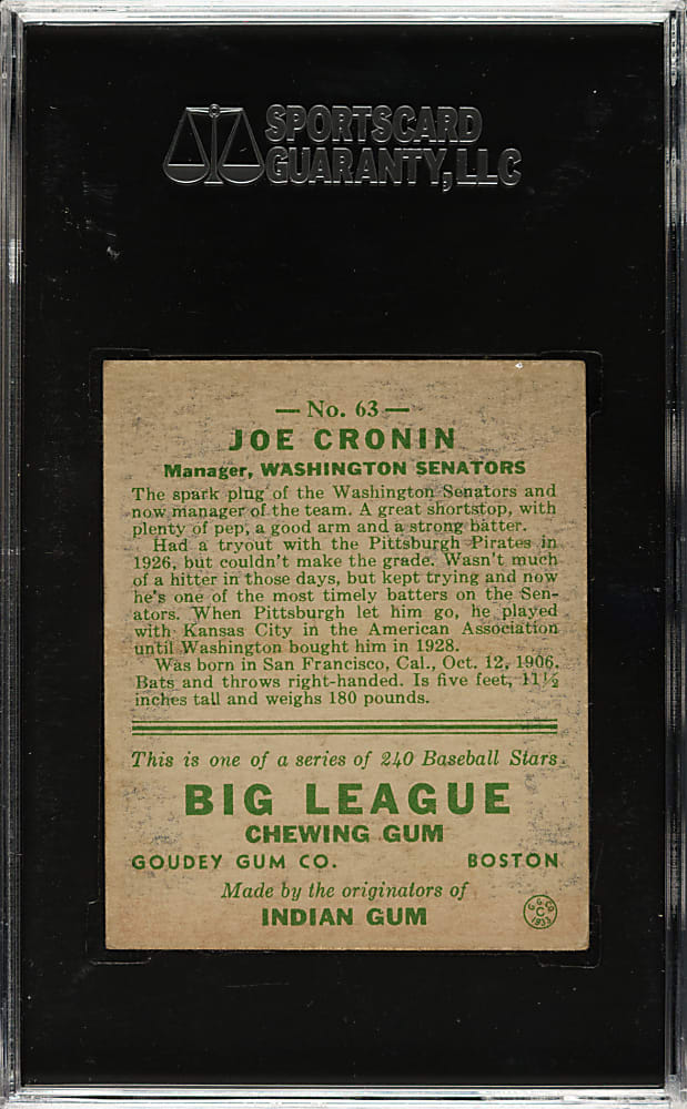 1933 R319 Goudey #63 Joe Cronin SGC VG/EX+ 55