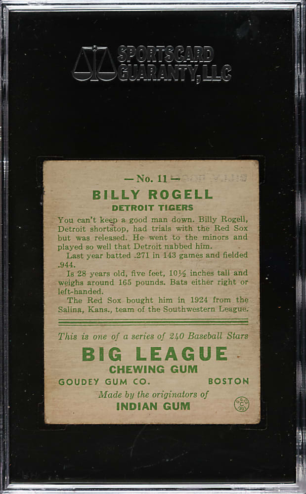 1933 R319 Goudey #11 Billy Rogell SGC VG/EX+ 55