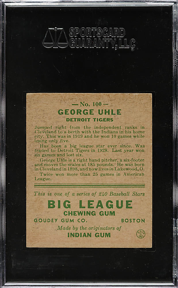 1933 R319 Goudey #100 George Uhle SGC VG+ 45
