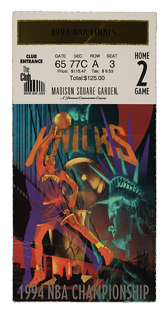 June 15, 1994 New York Knicks (vs. Houston Rockets) NBA Finals Game 4 Ticket Stub - Hakeem Olajuwon 32 Points and Patrick Ewing 16 Points