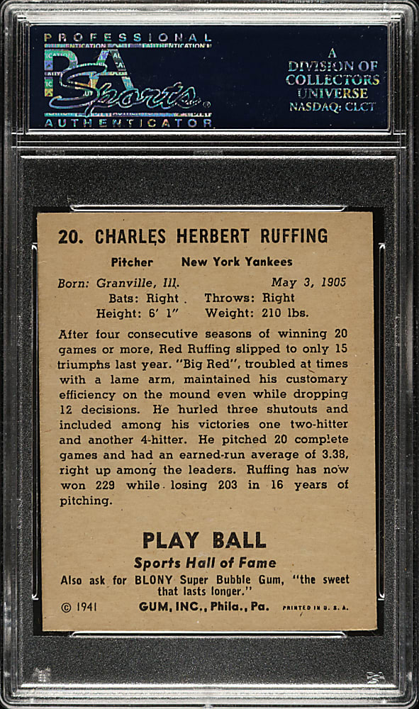 1941 R336 Play Ball #20 Red Ruffing PSA NM 7