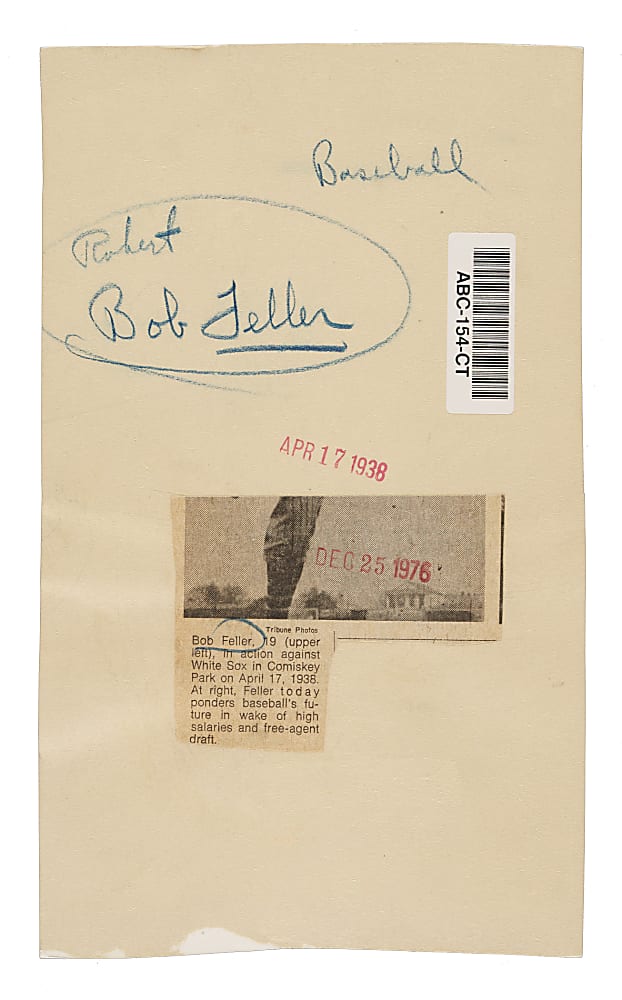 1938 Bob Feller Chicago Tribune Wire Photograph PSA/DNA Type III
