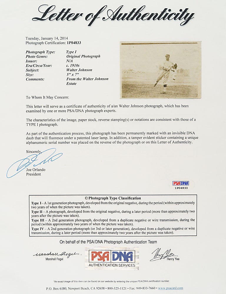 Circa 1912-1915 Walter Johnson Original Photograph PSA/DNA Type I - From the Walter Johnson Estate