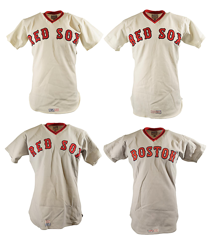 1975 to 1977 Boston Red Sox Game-Used Home and Road Jersey Collection (4) Including Blackwell, Drago, Heise, and Montgomery