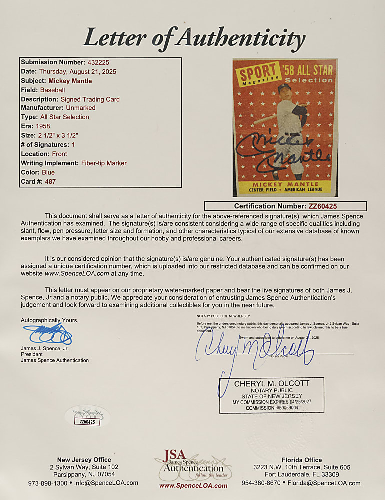 Signed 1958 Topps #487 Mickey Mantle All-Star PSA/DNA MINT 9 Plus Full JSA LOA