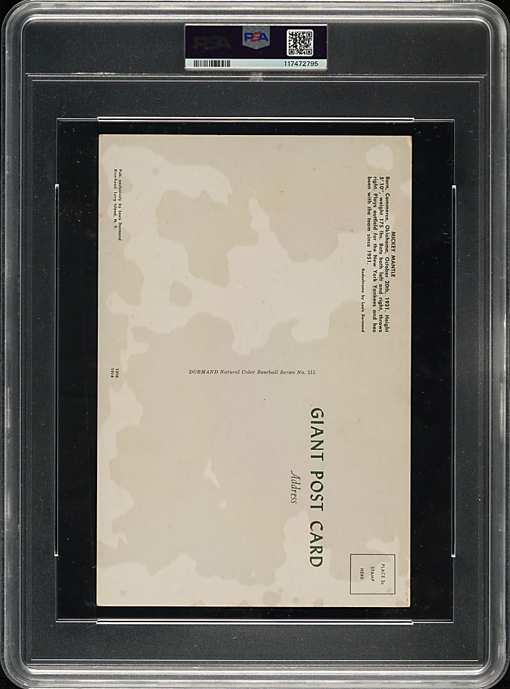 1953-1955 Dormand Postcard Mickey Mantle 6" x 9" Bat on Shoulder PSA VG 3