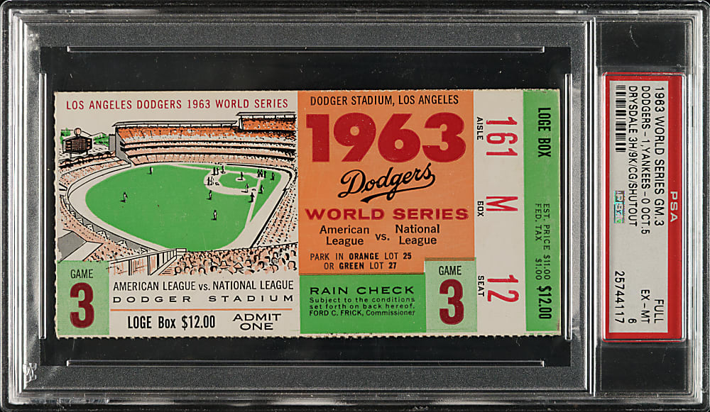 October 5, 1963 Los Angeles Dodgers (vs. New York Yankees) World Series Game 3 Ticket Stub PSA EX-MT 6 - Don Drysdale Complete-Game Shutout