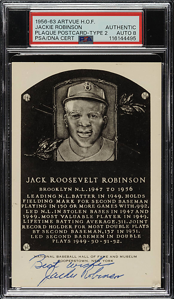 Signed 1956-1963 Artvue (Type 2) Black-and-White Hall of Fame Postcard Jackie Robinson PSA/DNA NM-MT 8