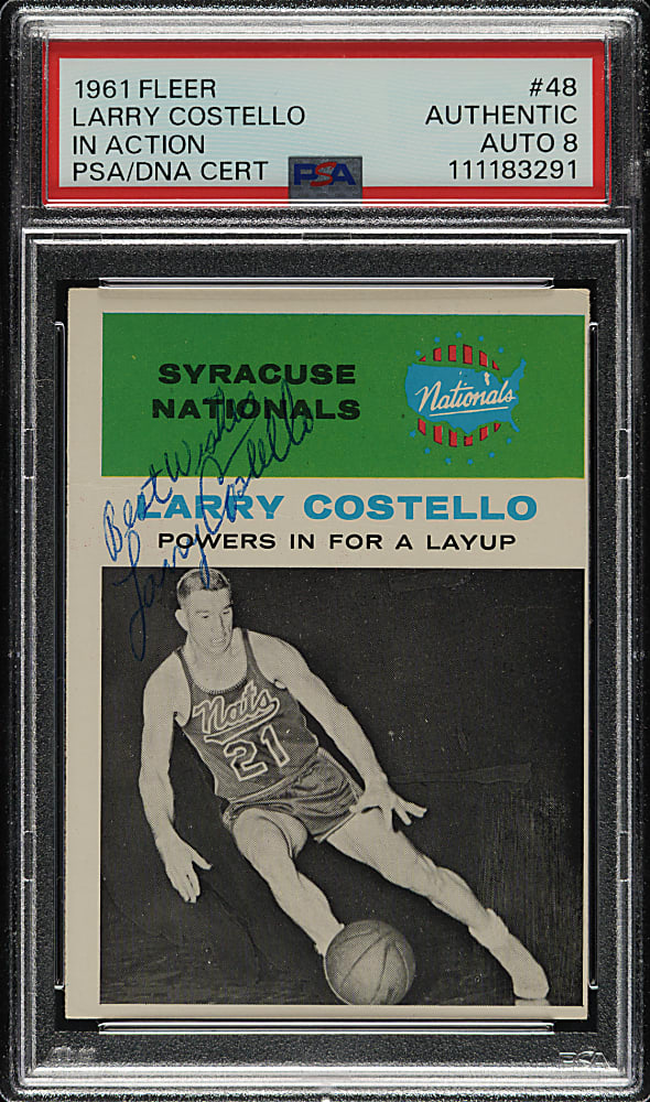 Signed 1961-1962 Fleer Basketball #48 Larry Costello In Action PSA/DNA NM-MT 8