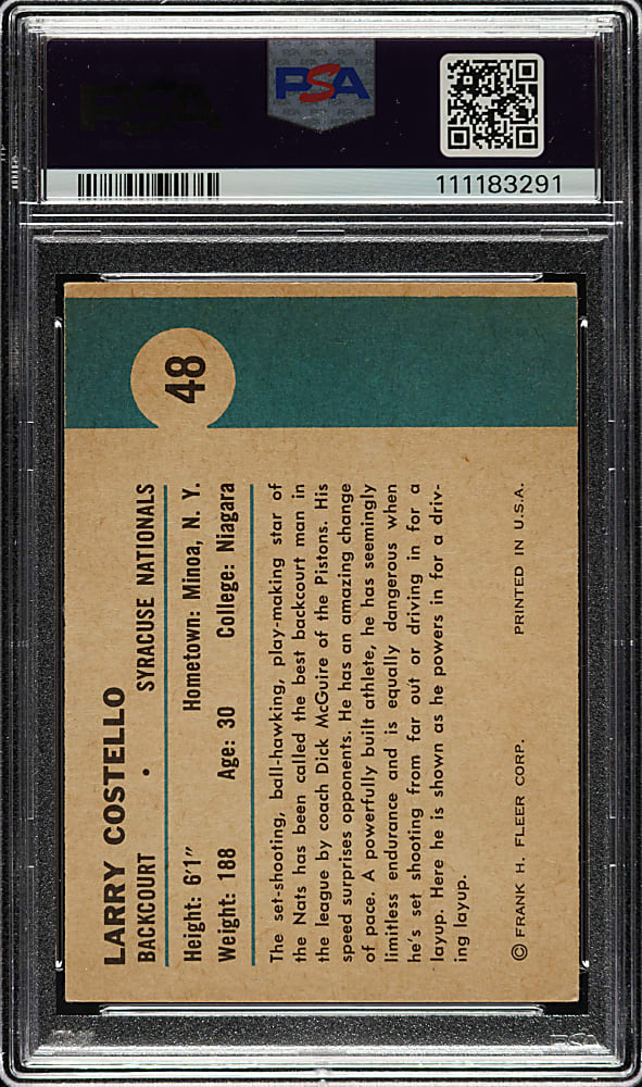 Signed 1961-1962 Fleer Basketball #48 Larry Costello In Action PSA/DNA NM-MT 8