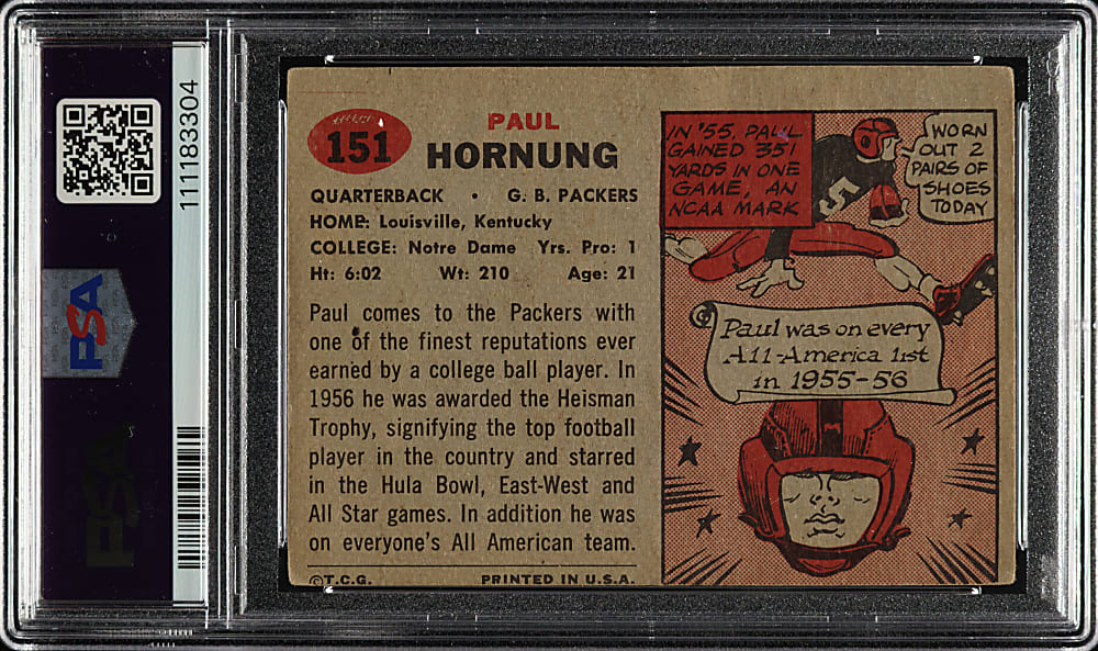 Signed 1957 Topps Football #151 Paul Hornung Rookie PSA/DNA GEM MINT 10