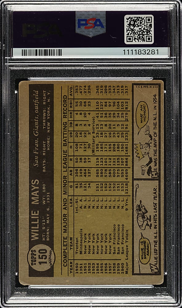 Signed 1961 Topps #150 Willie Mays PSA/DNA GEM MINT 10