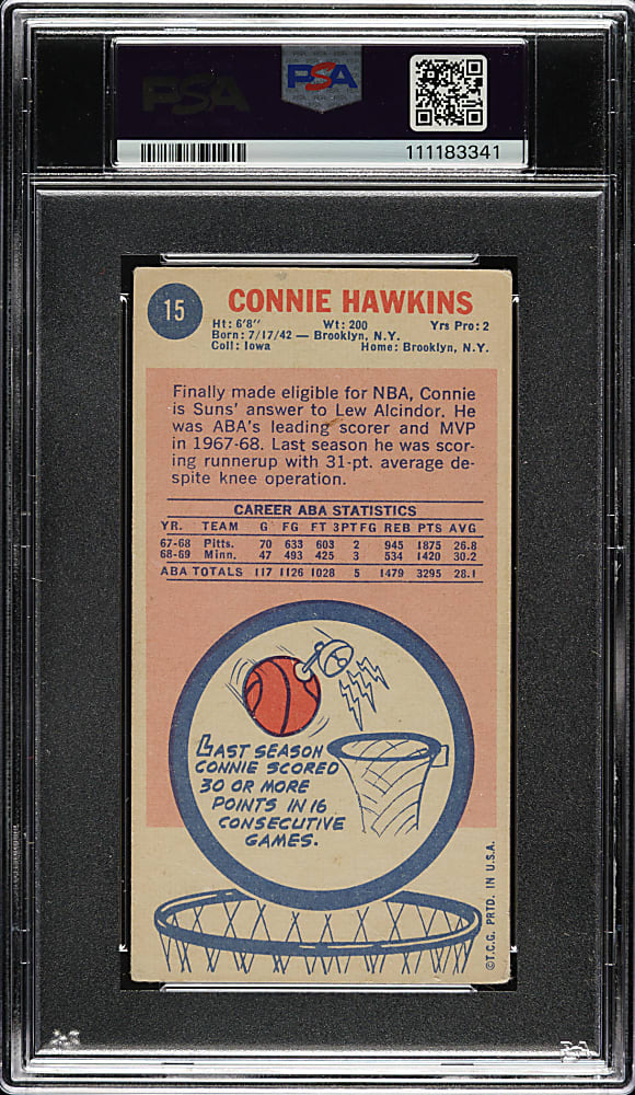 Signed 1969-1970 Topps Basketball #15 Connie Hawkins Rookie PSA/DNA GEM MINT 10
