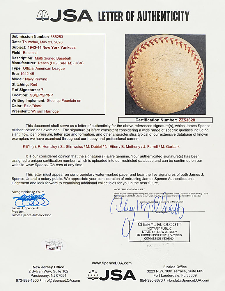 1943-1944 New York Yankees World Champions Team-Signed Baseball - JSA