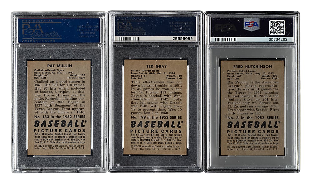 1952 Bowman PSA-Graded Trio: Fred Hutchinson, Pat Mullin and Ted Gray