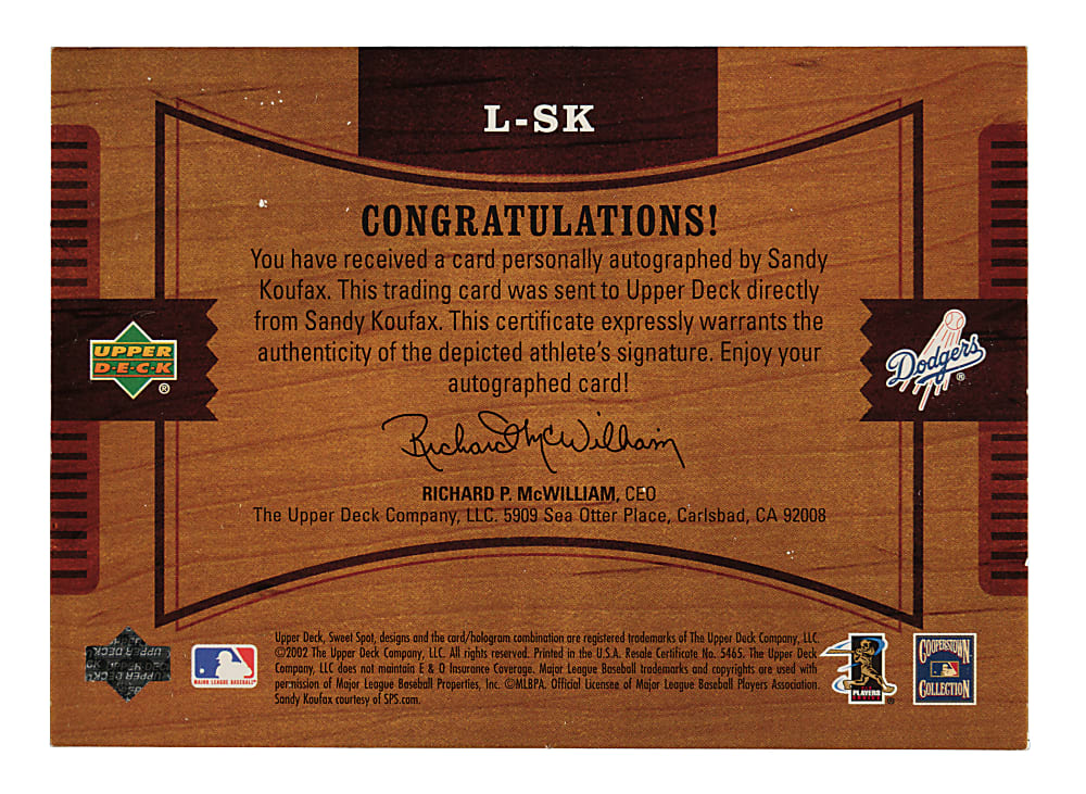 2002 Upper Deck Legendary Sweet Spot #L-SK Sandy Koufax